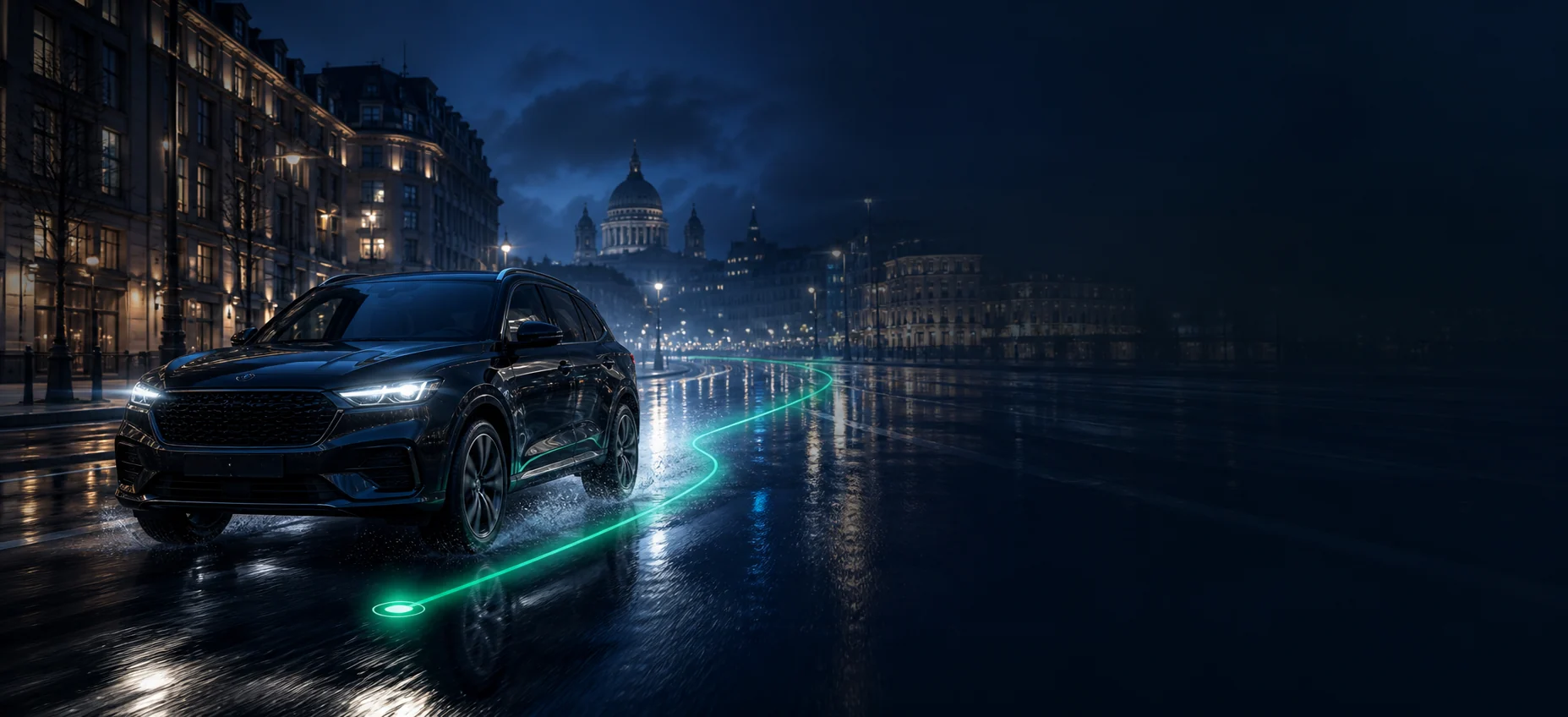 Vehículo en una ciudad nocturna, conectado a una ruta GPS